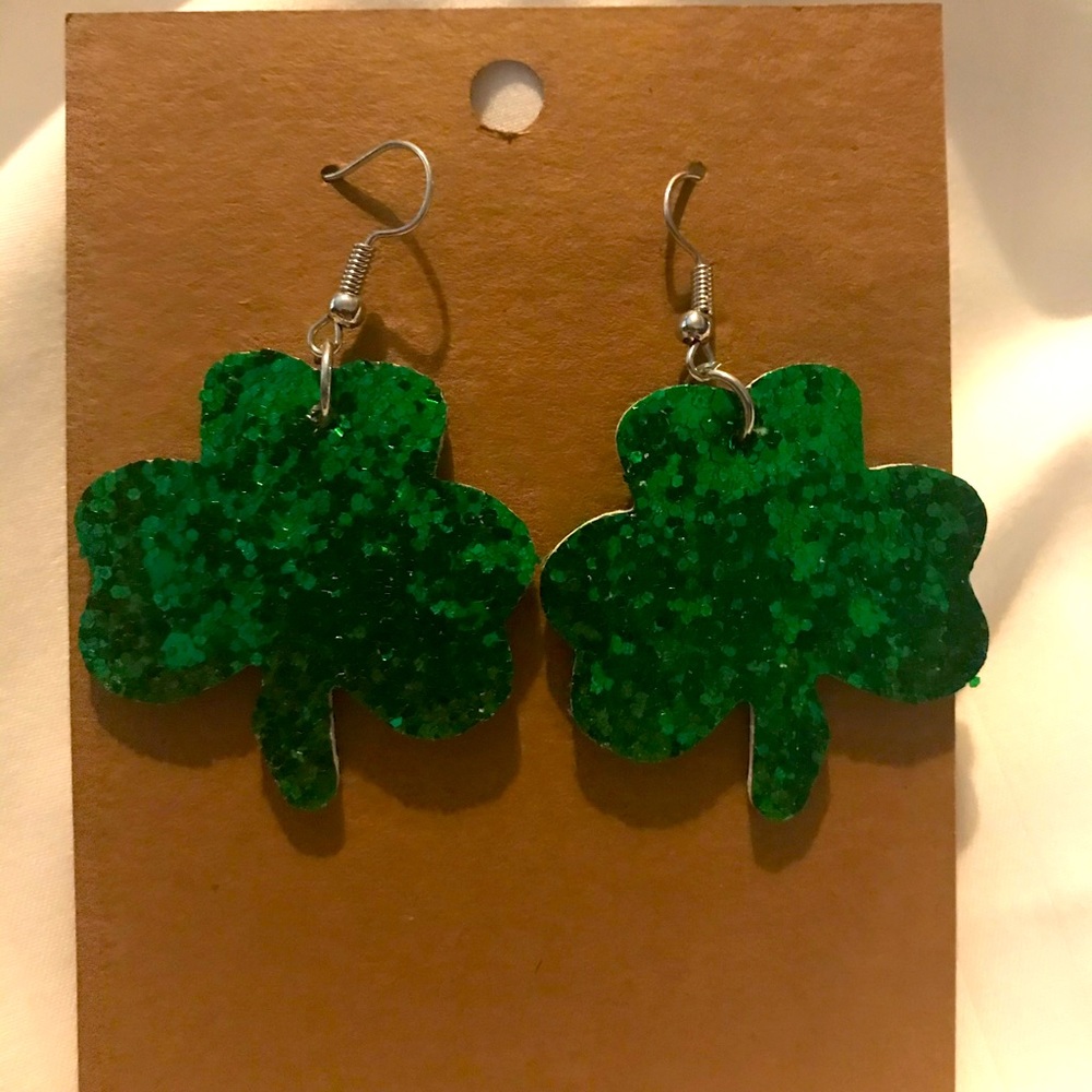 Green Glitter Shamrock Leather Earrings